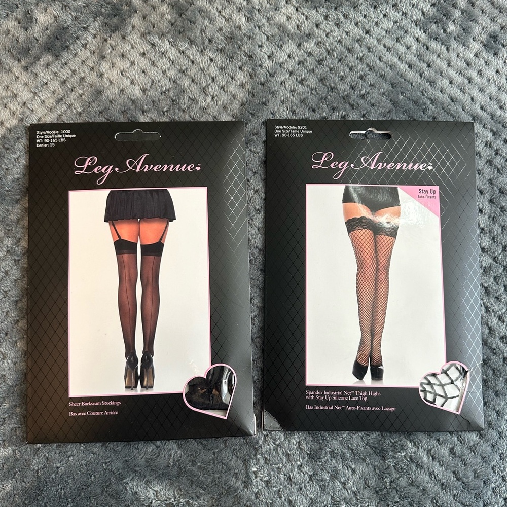 NEW! Leg Avenue set of thigh high stockings, black fishnet and black back seam